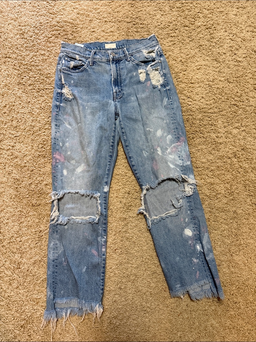 MOTHER Blue Straight-Leg Distressed Jeans with Paint Accents
